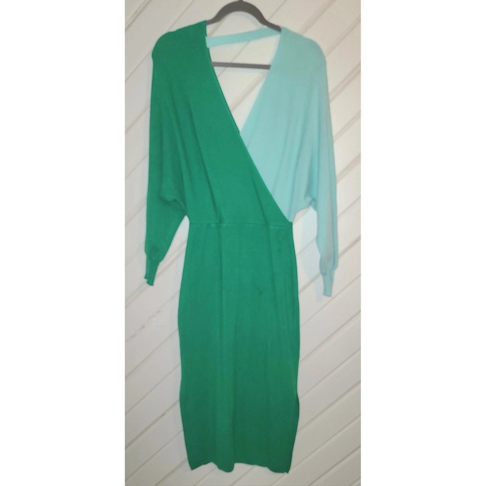 Women's L Sweater Knit Dress Batwing Sleeve Faux Wrap V-Neck Back, Splits Green